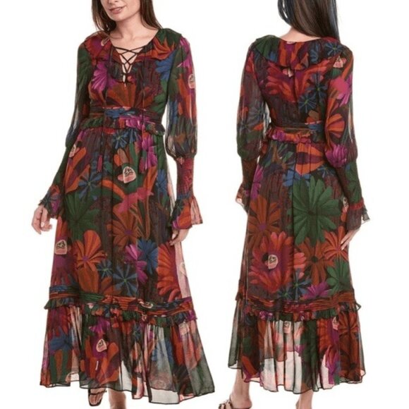 FARM Rio Dresses & Skirts - Farm Rio Bird Flowers Maxi Dress Floral Ruffles Long Sleeve Multicolor XL NWT